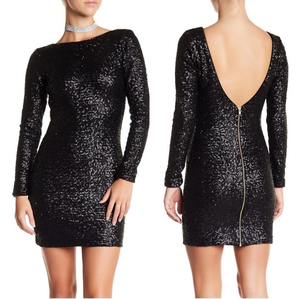Dress the Population Kelly Black Sequin Open Back Mini Dress L